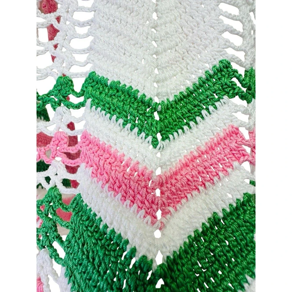 Vintage Hand Crochet Kitchen Apron Cottage Core Granny Tea Party Pink‎ Green